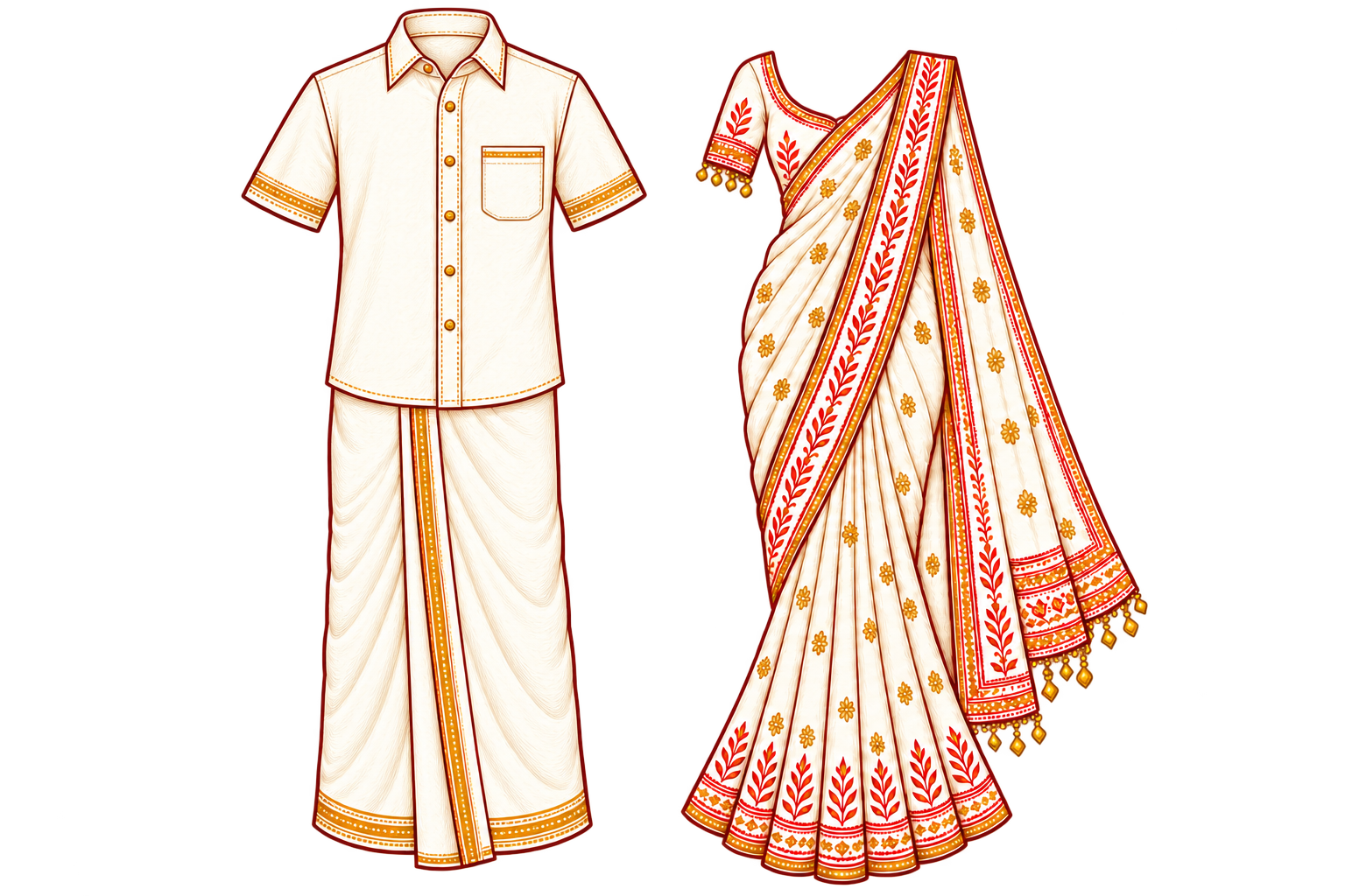 Illustration of a traditional shirt and veshti with sari